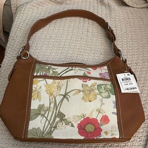 Floral Brown Leather Shoulder Bag new Giani Bernini bag botanical linen